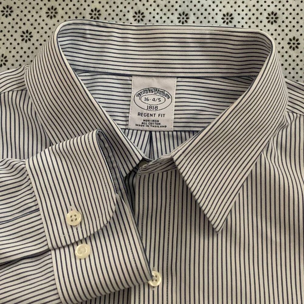 Brooks Brothers 1818 Regent Fit Non-Iron Dress Shirt 16-4/5 Blue Stripe White